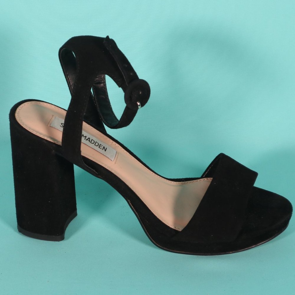 Steve Madden Strappy, Black Suede, Chunky Heels